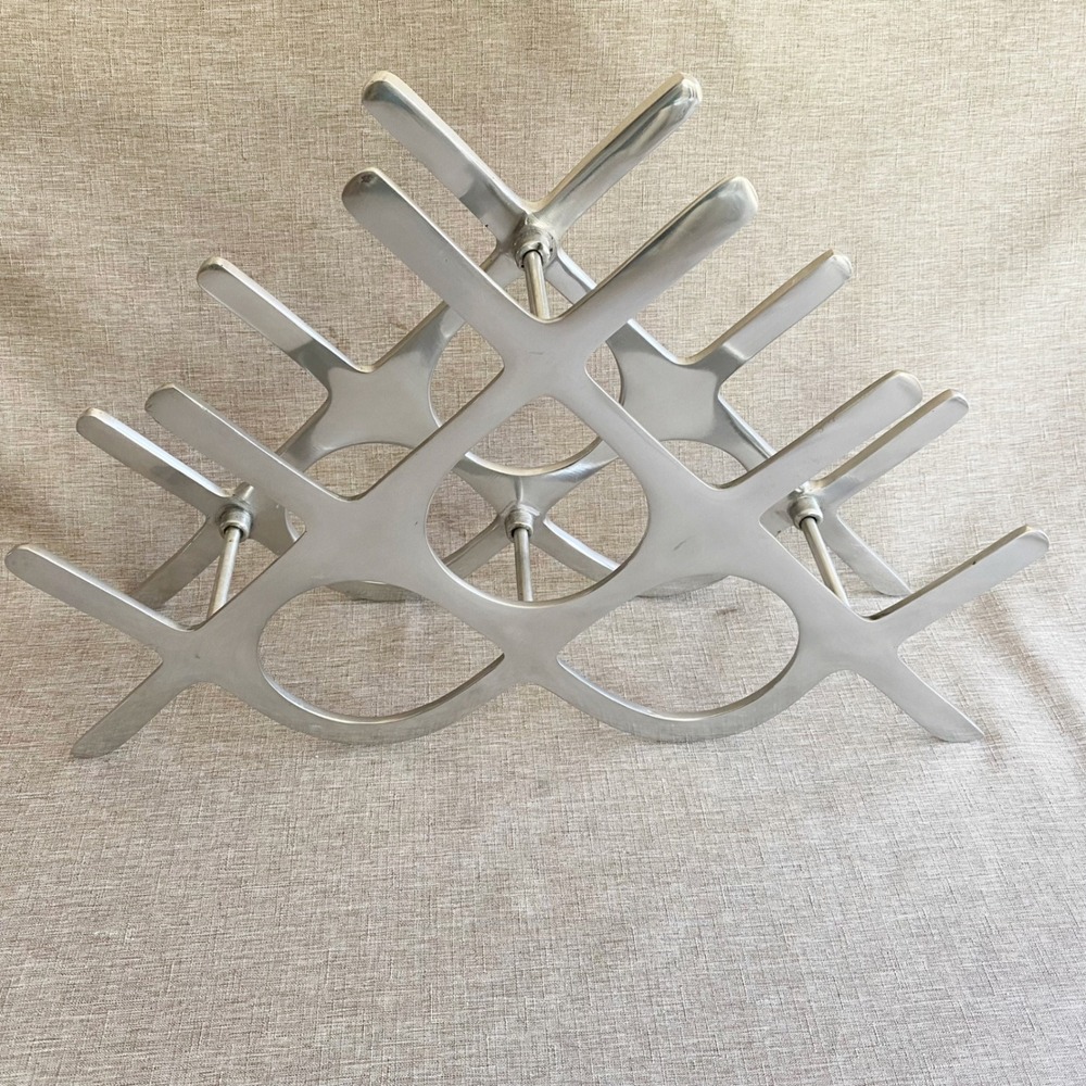 Atomic Mid Century Modern 8 Bottle Cast Aluminum Wine Rack Silver Brutalist